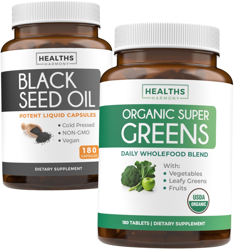 Svart Seed Oil & Organic Super Greens (3-måneders forsyning) Seed & Sprout Bundle of Black Seed Oil (180 kapsler) Kaldpresset Nigella Sativa & Organic Super Greens pulver (180 tabletter) Komplett Superfood