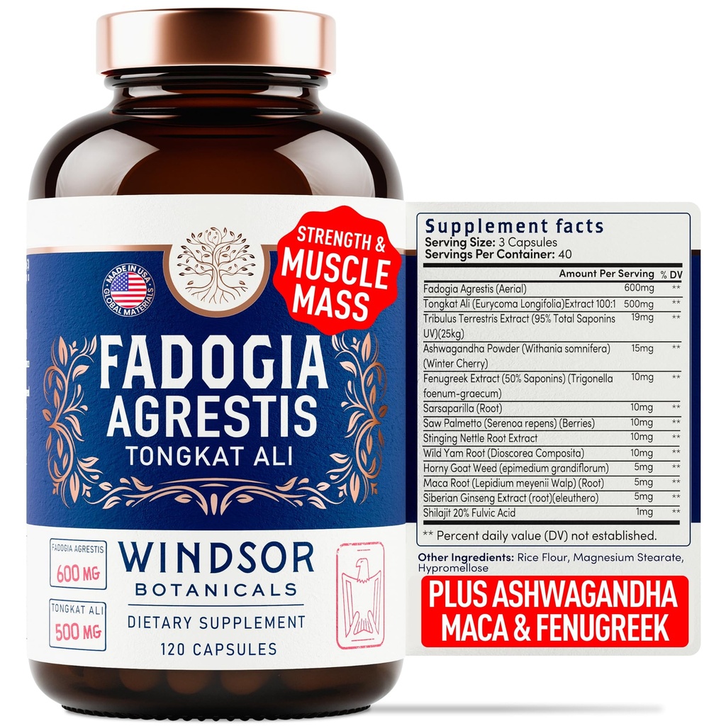 Fadogia Agrestis og Tongkat Ali Supplement - Fadogia Agrestis 600mg, 500mg Longjack Tongkat Ali for menn, Maca Root, Fenugreek, Ashwagandha, Sa Palmetto å støtte energi, Stamina, Vitalitet - 120Caps