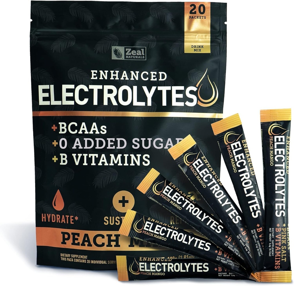Forbedret Electrolyt pulver (Peach Mango 20pk.) w 0 sukker + BCAA + B-vitaminer Electrolyt Supplement w Kalium Zink & Magnesium for Hydration - Keto elektrolyter