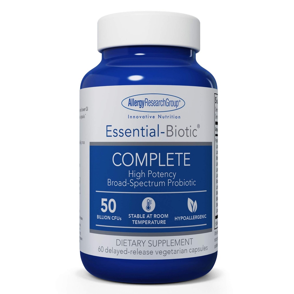 Allergi Research Group Essential-Biotic Complete Supplement - høy potens Probiotika for menn og kvinner, støtter Gut & Digestive Helse, 50 milliarder CFUs, forsinket vegetariske kapsler - 60 count