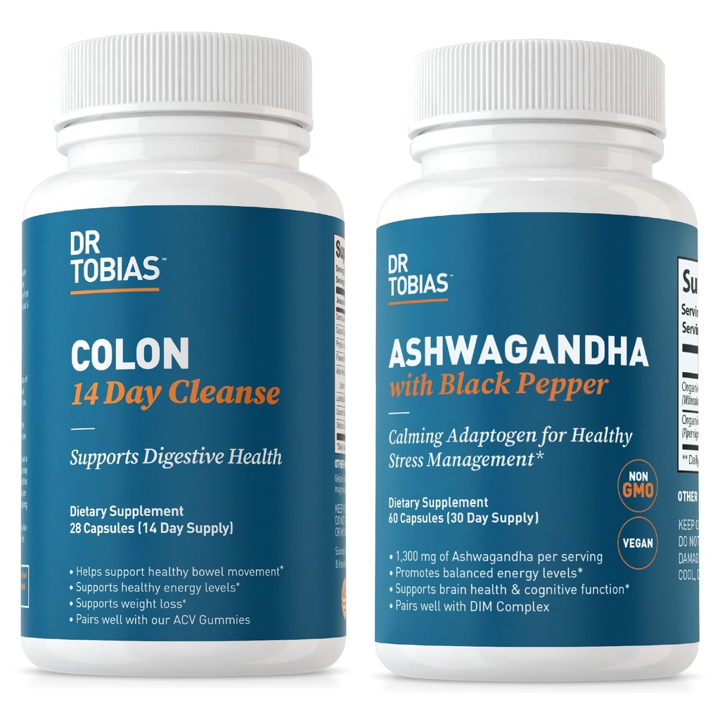 Dr. Tobias Colon 14 dager rengjøring og Ashwagandha kapsler, Colon rengjøring Detox og beroligende Adaptogen, støtter energi og immun helse, ikke-GMO