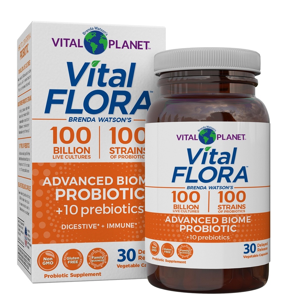 Vital Planet - Vital Flora Advanced Biome Probiotic 100 milliarder CFU, 100 Diverse Strains, 10 organiske prebiotika, immunstøtte, Colon og Digestive Helse Probiotika for kvinner og menn 30 Kapsler