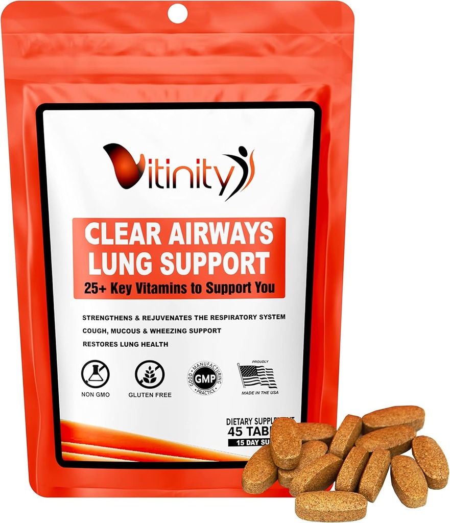VITINITY Lung renser respiratorisk immunstøtte Supplement,25+Key Ingredient Lung helse Detox for å puste, Astma, Seasonal Allergy tablett(15 dag)