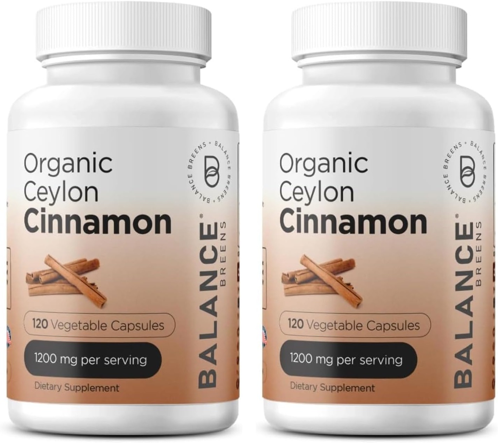 Balancebreens Certified Organic Ceylon Cinnamon 1200mg Supplement - 120 Veg Kapsler - hjerte, hjerne og fellesfunksjonsstøtte - Ingen fyllpiller (pakke med 2)