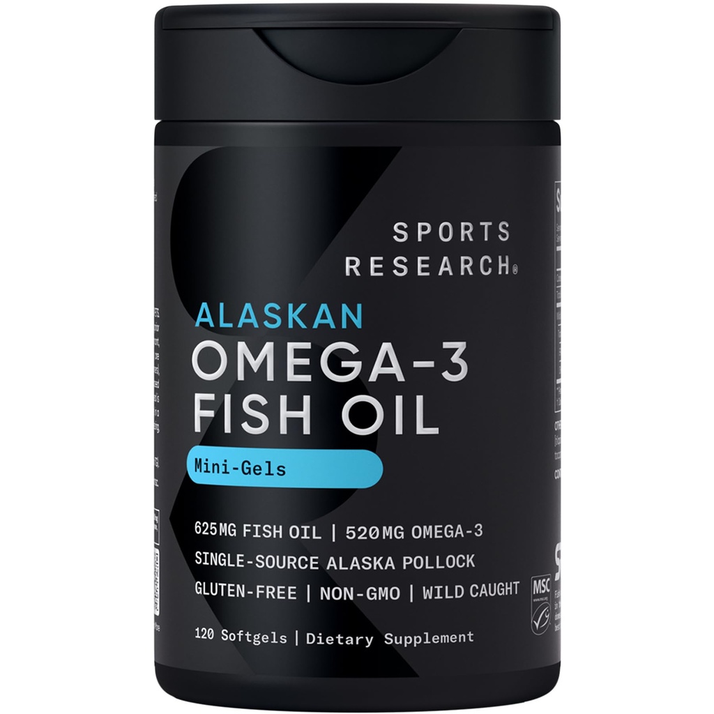 Sportsforskning Fiskeolje Mini-Softgels - lett å svelge Omega-3 fettsyrer fra Wild Caught Alaska Pollock - 625 mg, 120 Softgels