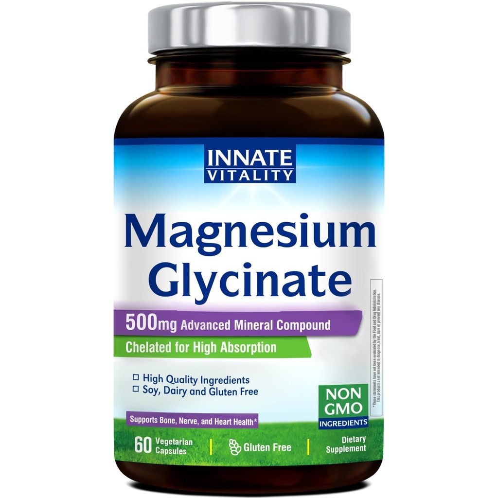 Innfødt Vitality Magnesium Glutonat 500mg | 70mg Elementalt Magnesium Supplement-høy absorpsjon, ikke-buffret, ikke-GMO & Ingen Gluten - Nerve, Bein & hjerte helse - 60 Vegan Kapsler Magnesio