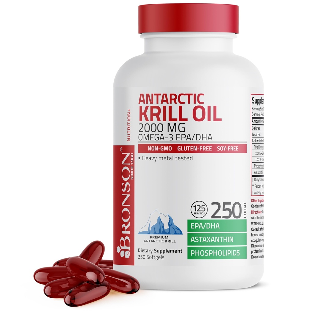 Bronson Antarctic Krill Oil 2000 mg med Omega-3s EPA, DHA, Astaxanthin og Fosfolipider, 250 Softgels (125 Services)