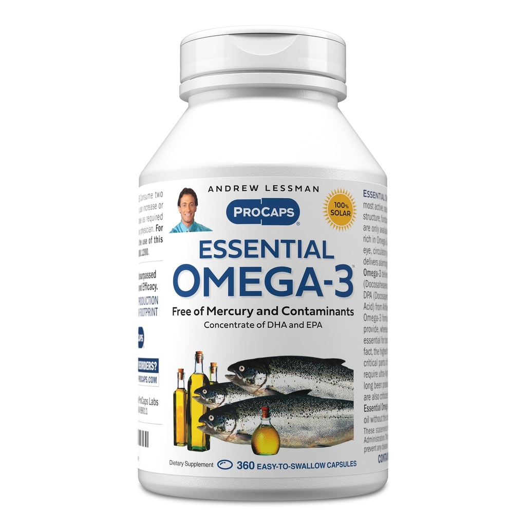 ANDREW LESSMAN Essential Omega-3 Unflavored - 360 Softgels - ultra-Pure, høy potens Omega-3 oljer. Høy DHA, ingen mage-upset, ingen kontaminanter, ingen Mercury. Små lett å svelge Softgels