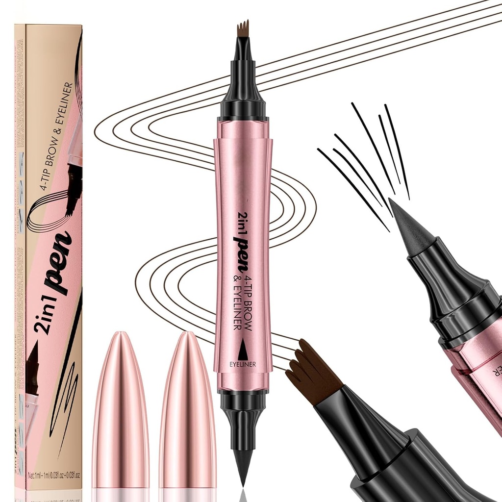 Q710 2in1pen,4-Tip Brow penn & Eyeliner,Dcuble-ended design, wild eyebrow makeup, mikroblading øyenbryn penn, vanntett,Soft nib,Med ett glatt slag (2#Dark Brown)