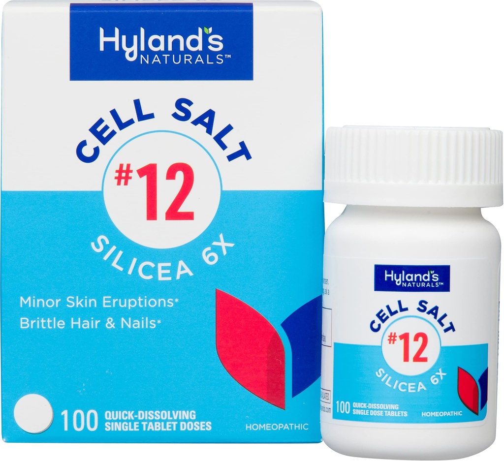 Hyland's No. 12 Cell Salt Silicea 6X-tabletter, Acne og Blackhead-behandling, hår og neglevekst Supplement og styrke, Hud irritationer, Hurtig oppløsning tabletter, 100 greve