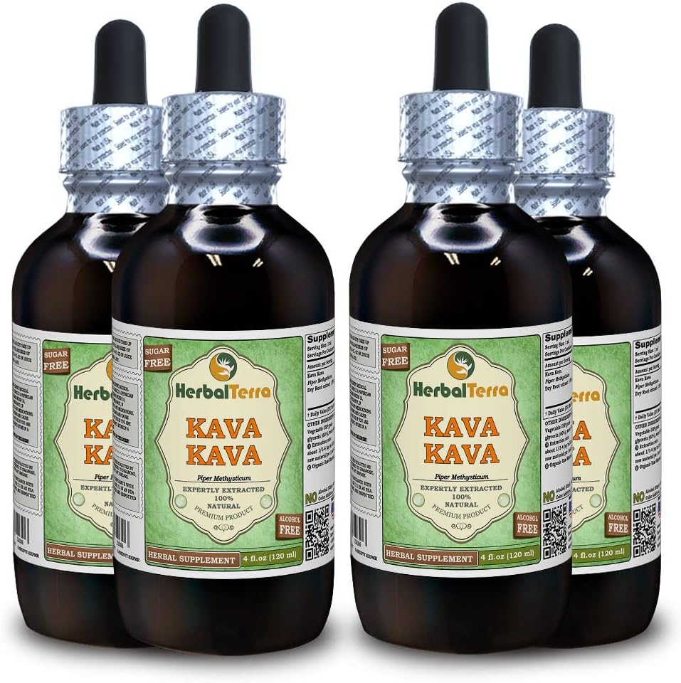 Kava Kava (Piper Methysticum) Glyceritt, tørket rot alkohol-fri flytende ekstrakt (merkenavn: HerbalTerra, stolt laget i USA) 4x4 fl.oz (4x120 ml)