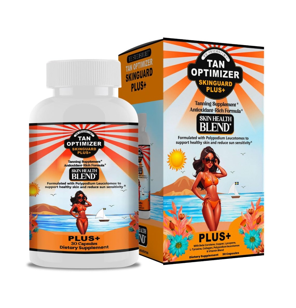Tan Optimizer SkinGuard Plus+ – Sukkerfri Tanning & Anti-Aging Supplement med 240 mg Polypodium, Beta Caroten og antioksidanter for strålende, ungdommelig hud – 30 kapsler