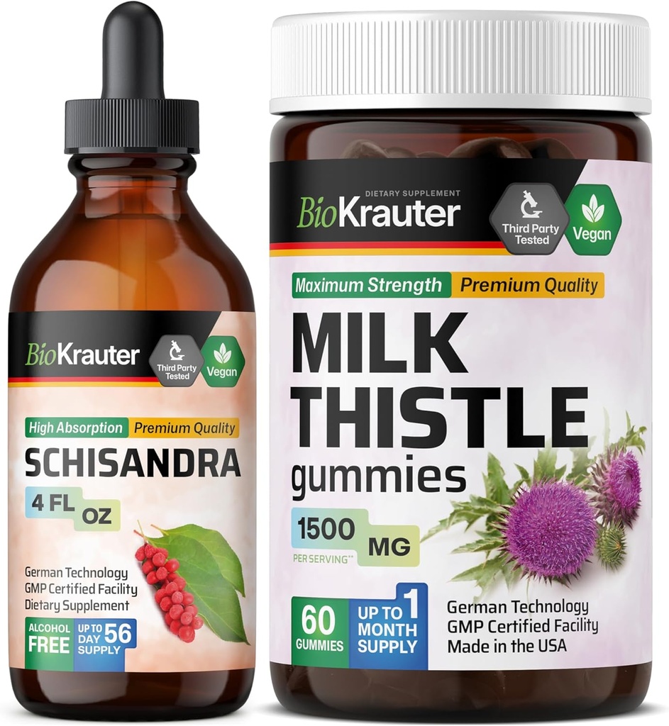 BIO KRAUTER Schisandra Tinktur 4 Fl. Oz. & Melke Thistle 60 Gummies