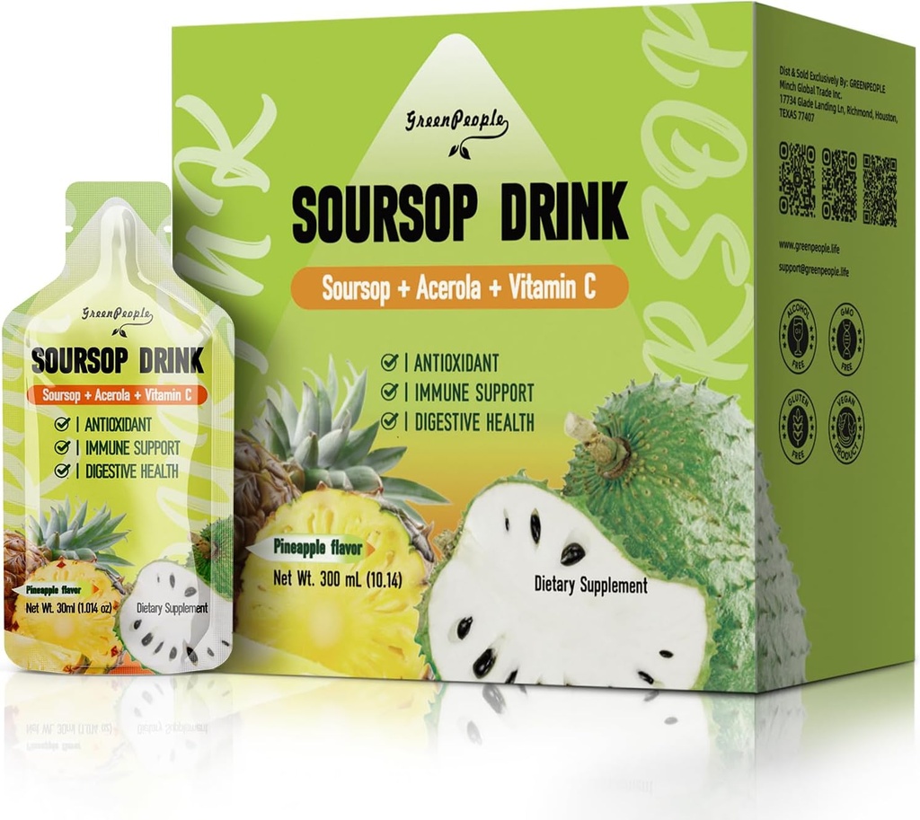 GREENPEOPLE Soursop & Acerola Væske Supplement Drikke, Soursop Bitters Væske, Immunforsterkning Vitamin C Drink, Rask Absorpsjon, Vegansk, Ikke-GMO, 10 Packets