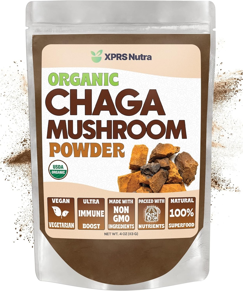 XPRS Nutra Organic Chaga Mushroom pulver - Premium USDA Organic Chaga Mushrooms pulver - Chaga pulver for immunitet - Vegansk Vennlig Supermat for Chaga Te og Drikke (4 Ounce)