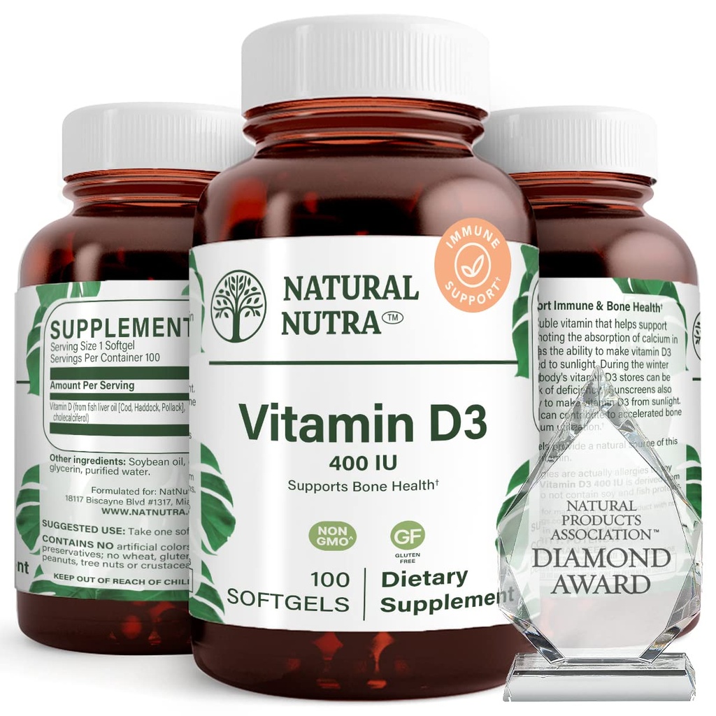 Naturlig Nutra Supreme vitamin D3 400 IU Softgels, Hjelper Boost Immune, Støtte Lungs Helse, Sunshine Vitamin, Hjelper Forbedre Cardiovaskulære Helse, Bein- og tannstyrke, Glutenfri, 100 Softgels