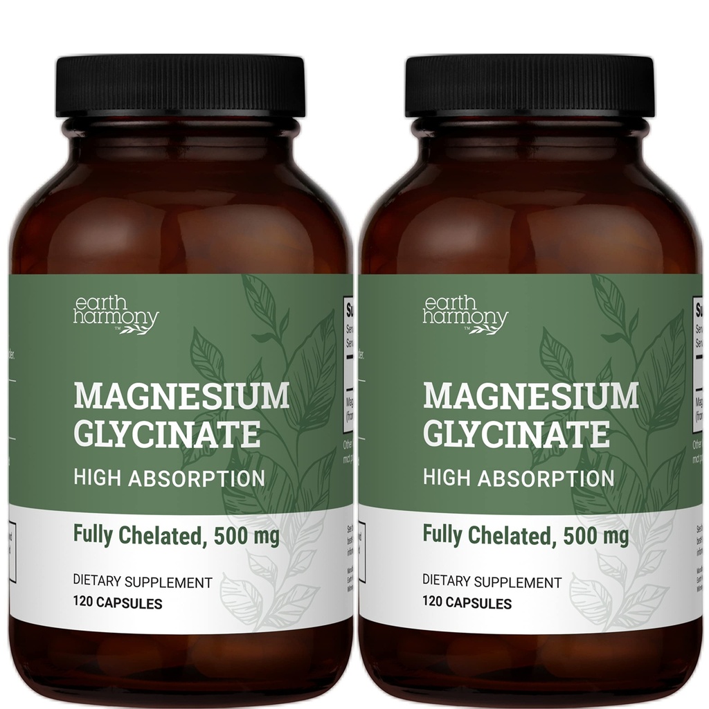 Earth Harmony Chelated Magnesium Glycinate 500 mg - 120 kapsler (2-Pack, 1000 mg Totalt)