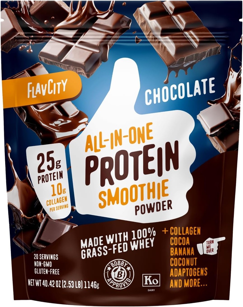 FlavCity Grass Fed Whey Sjokolade Protein pulver - 25g Protein & 10g Collage - laget med organisk koko, bananer og kokosmelk - Glutenfri og ingen tilsatt sukker (20 Serveringer)