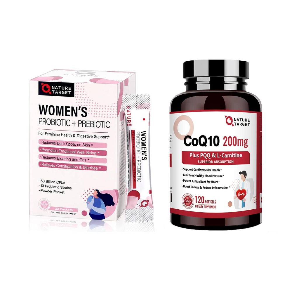 NATURE TARGET Probiotika pulver Supplement for kvinner og coQ1-0-200 mg med PQQ L-karnitin og omega-3s høy absorpsjon