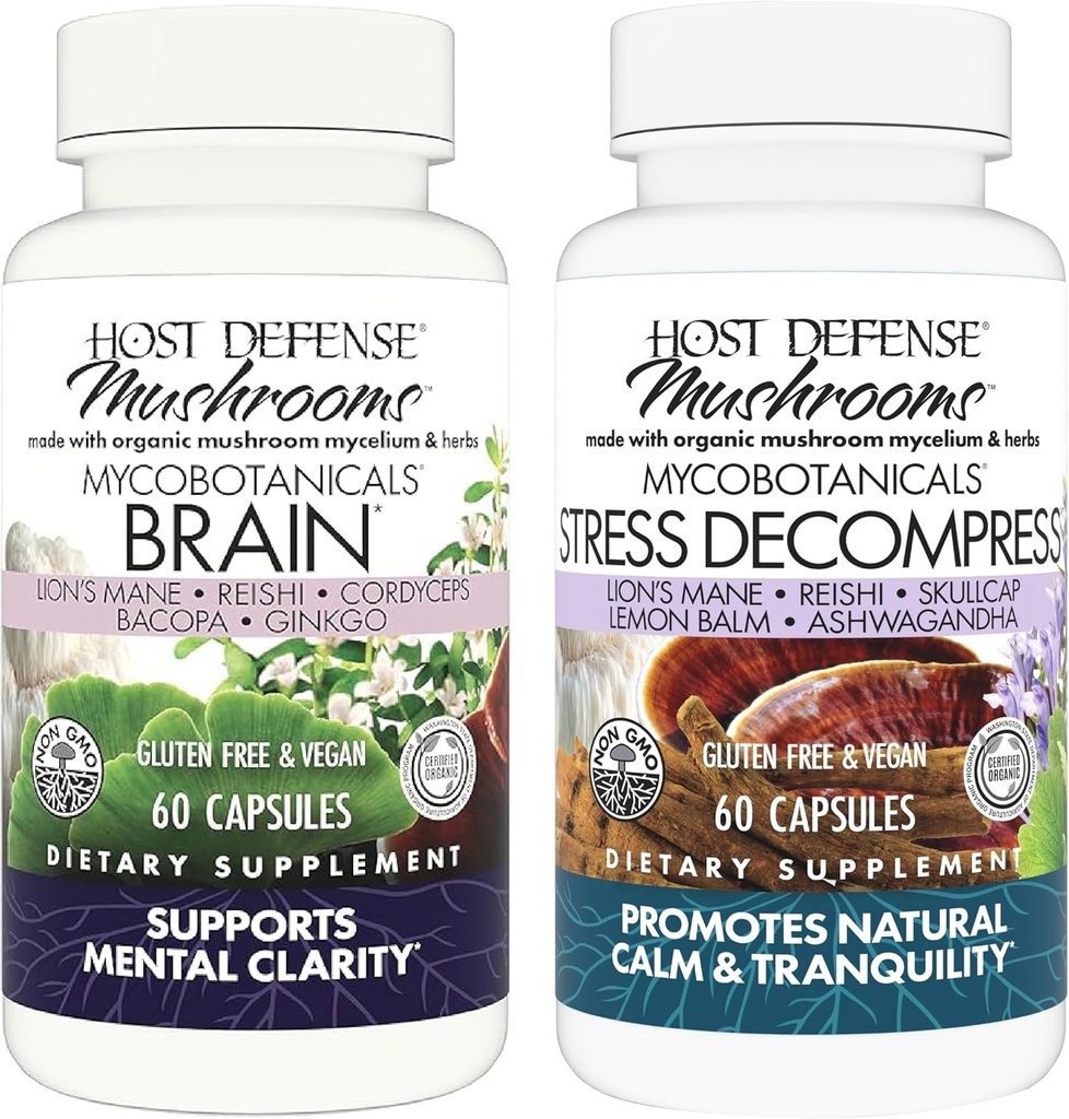 Host Defense Bundle med MycoBotanicals Hjerne * Kapsler, 60 greve & MycoBotanicals Stress Dekompresjon * Kapsler, 60 greve - Støtte Minne & Fokus - Støtte Avslapning *