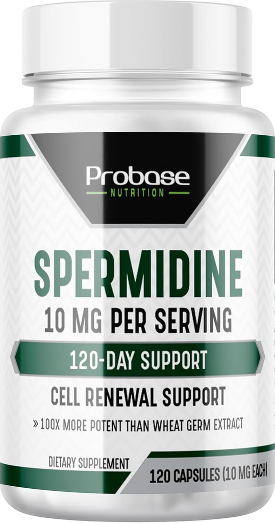Probase Nutrition Spermidin (10mg 99% Spermidin 3HCL - tredjepart testet) 120 kapsler - 100x mer Potent enn hvete Germ ekstrakt, telomere helse og aldring 120-dagers forsyning - så effektiv som NMN