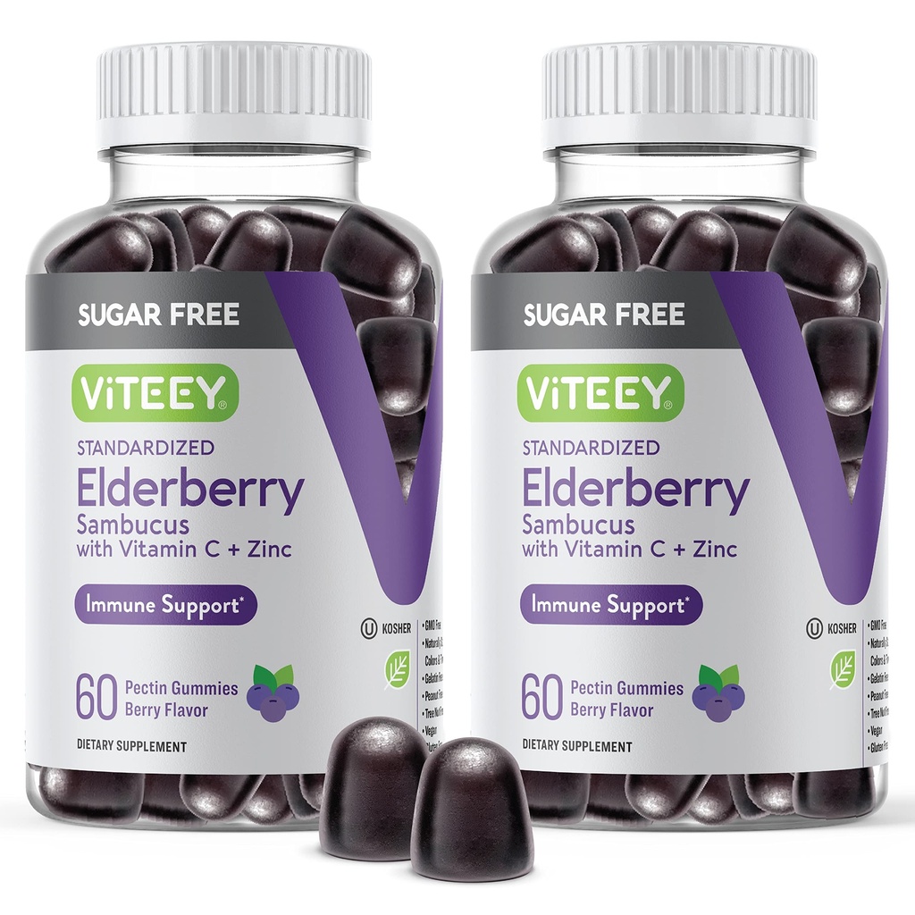 VITEEY Sambucus Elderberry Gummies for voksne og tenåringer + sink & vitamin C - sukker gratis - Immun Support & Booster Herbal Supplement - Vegan, Glutenfri, Gelatinfri, GMO Gratis, Chewable Berry Flavored