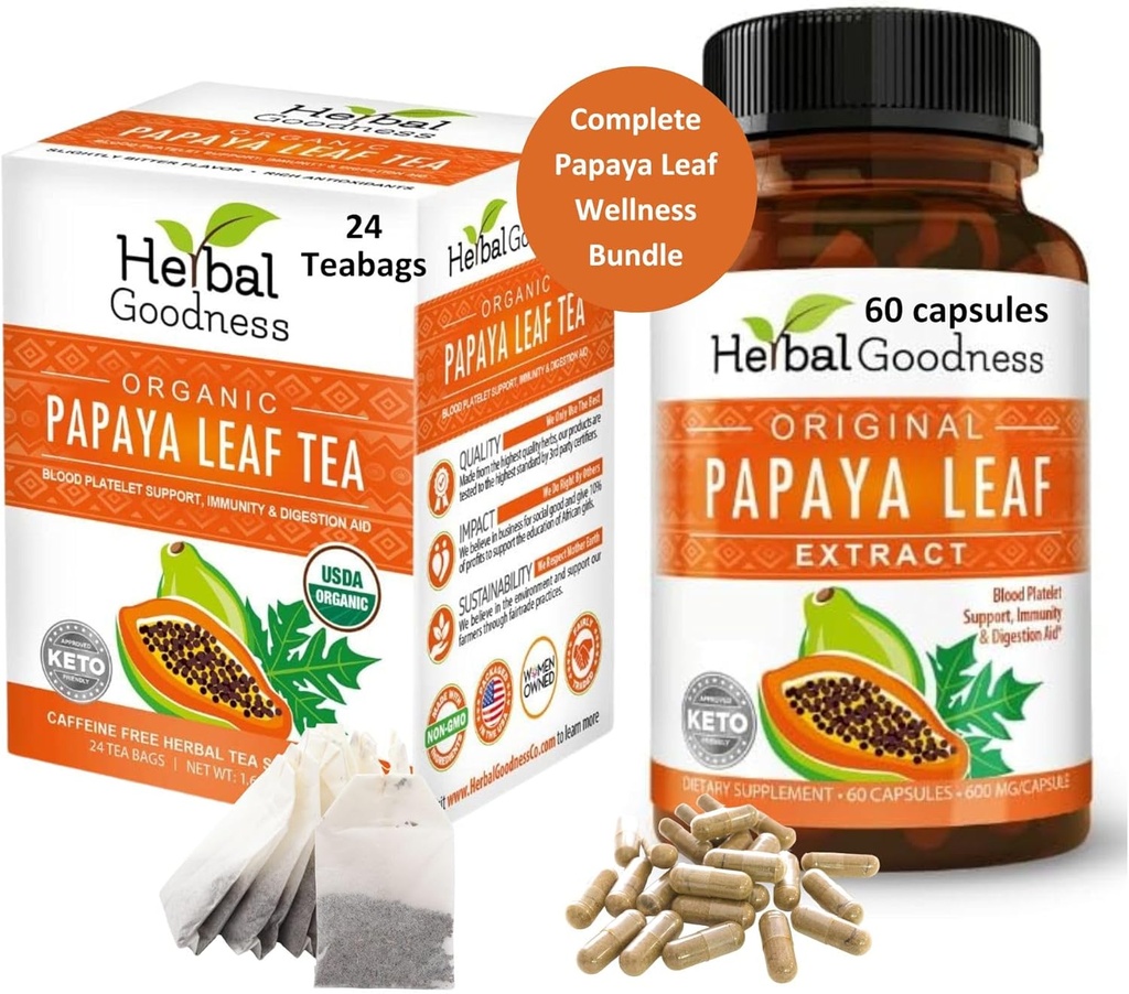 Papaya Leaf Extract Capsule og Papaya Leaf Tea Bundle - Helt støtte immun helse og digestive wellness