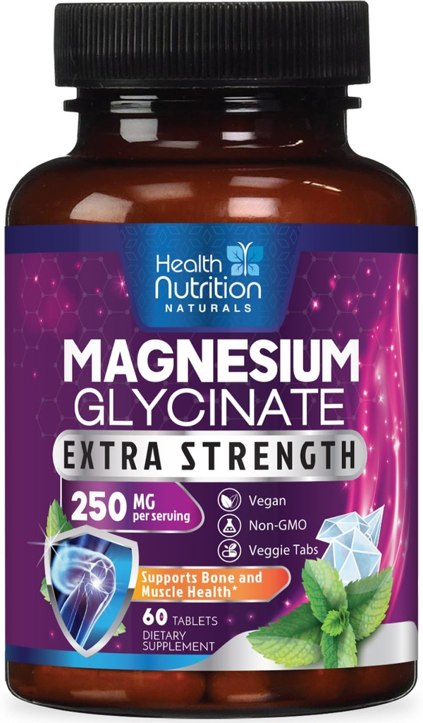 Magnesium Glycinate 250mg - 100% Chelated Magnesium for Max Absorpsjon - Sovestøtte, Muskel, Nerver, Bein og hjerte helse støtte, Best Mag Supplement, Vegansk ikke-GMO, 3. part testet - 60 tabletter