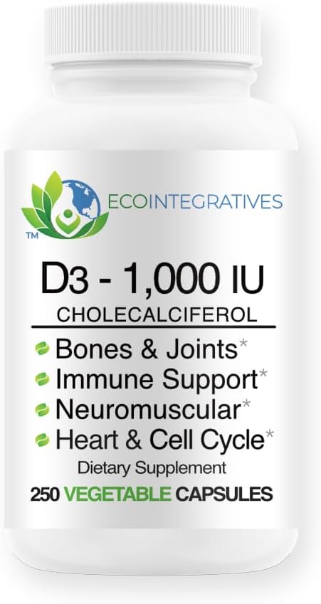 Vitamin D3-1000 IU 25mg (kolekalciferol) Hypoallerogen støtte for muskler, bein og tenner, bryst, prostata, kardiovaskulær, kolon og immunhelse (250 Veggie Capsules)