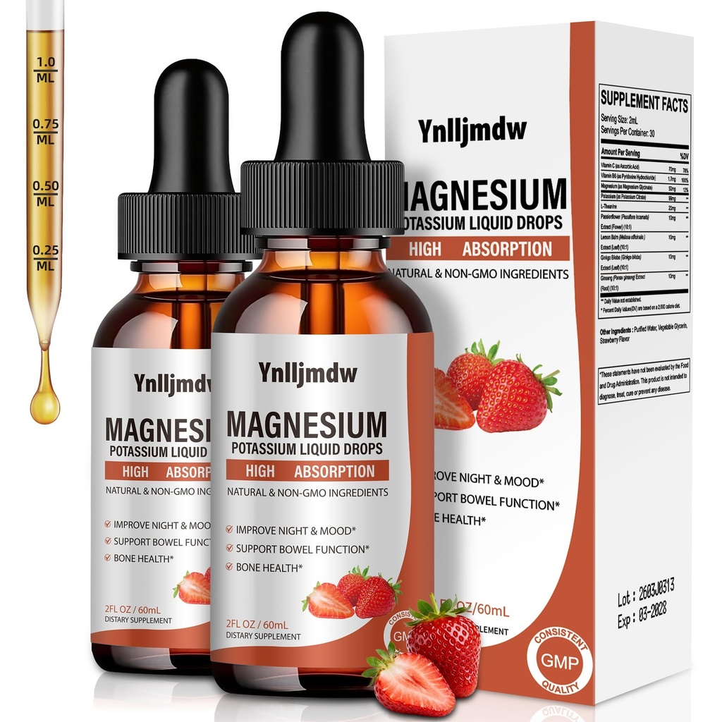 Magnesium Glycinate flytende dråper, 1000 mg flytende magnesium Supplement med Bromelain, vitamin B6 C D, høy absorpsjon magnesiumkompleks for natt, muskel og energi støtte, 2 fl Oz (pakke av 2)