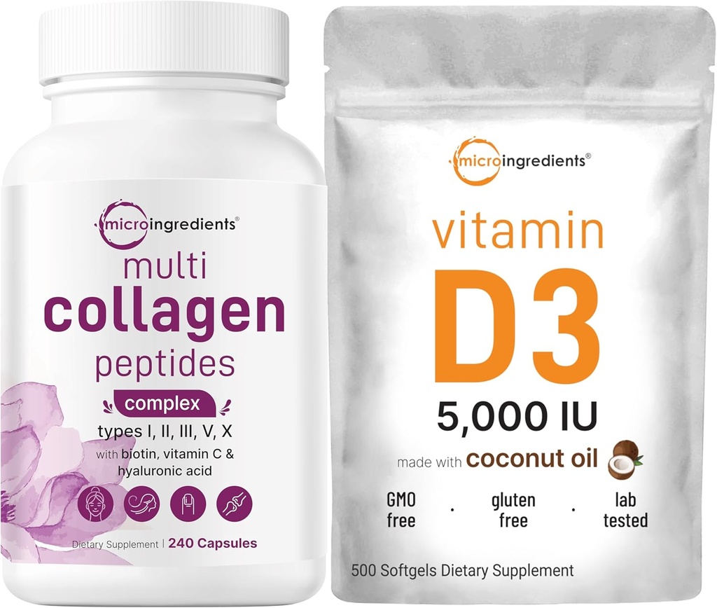 Mikroingredienser Multi collagen piller og vitamin D3 5000 IU Bundle Pack | Grass-Fed Collage Peptider | Vitamin D som kolekalciferol