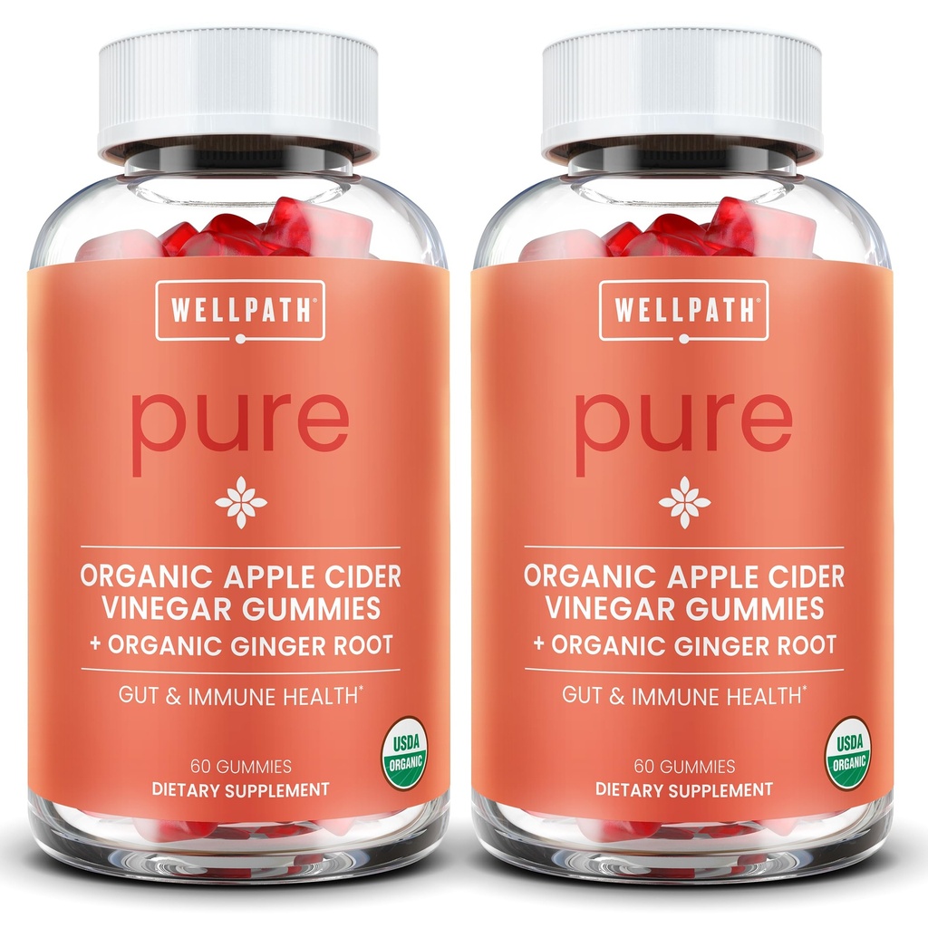 WellPath Pure ACV Gummies (2 Pakke) - Apple Cider Vinegar med mor - USDA Organic Gummy med Ginger for Gut Health