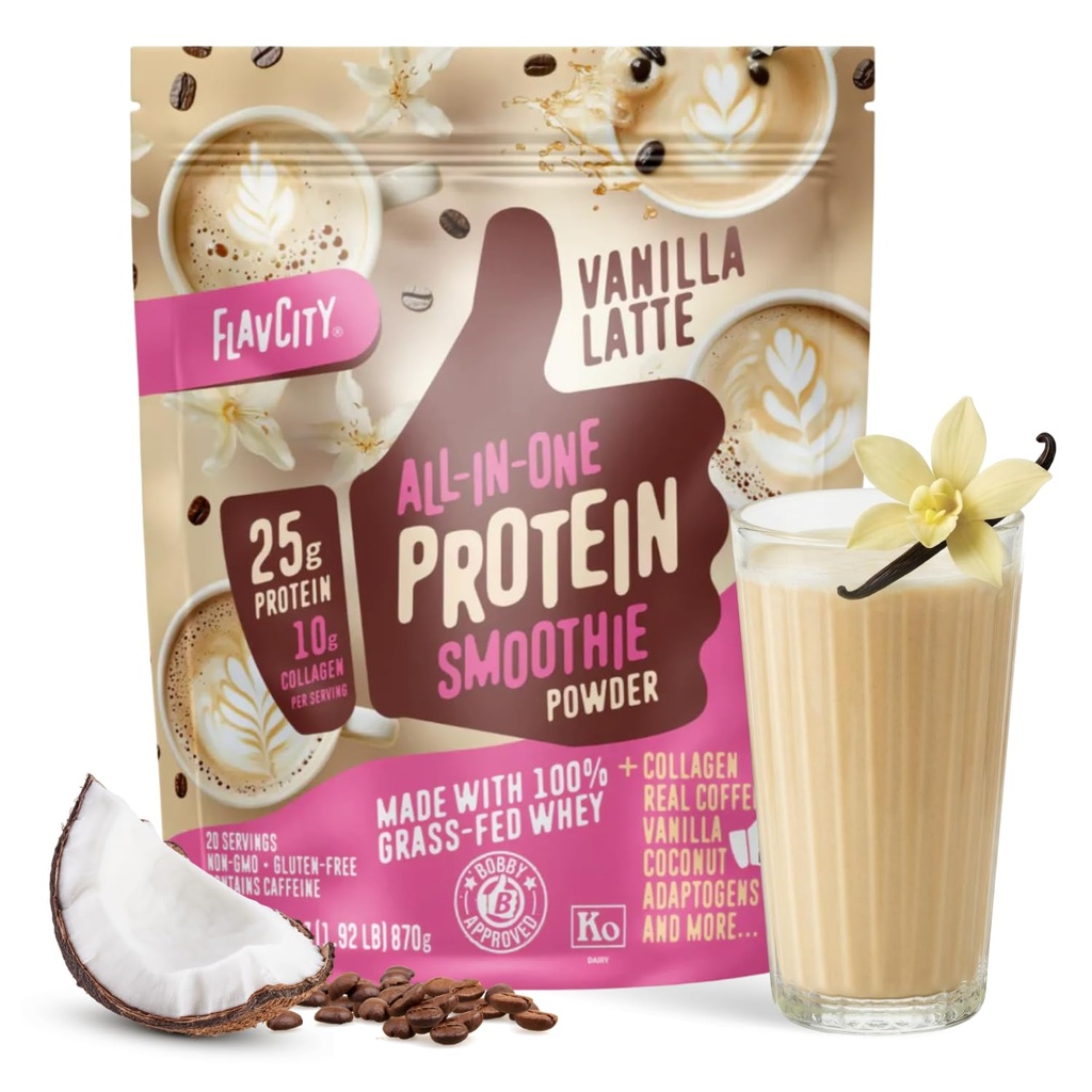 FlavCity Grass Fed Whey Protein Powder - Vanilla Latte - 25g Protein, 10g kollagen og 60 mg koffein - laget med ekte Vanilla Bean & Organic Coconut - Glutenfri & Ingen tilsatt sukker (20 Serveringer)