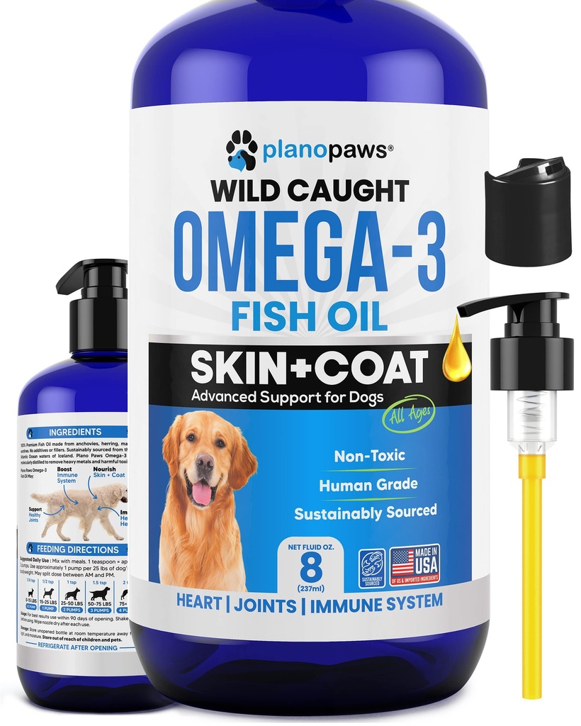 Omega 3 Fiskeolje for hunder - Bedre enn lakseolje - Hunde Fish Oil Supplement for å redusere shedding og kløe - støtter ledd, hjerne og hjerte helse - Hud og Coat Supplement - flytende fiskeolje