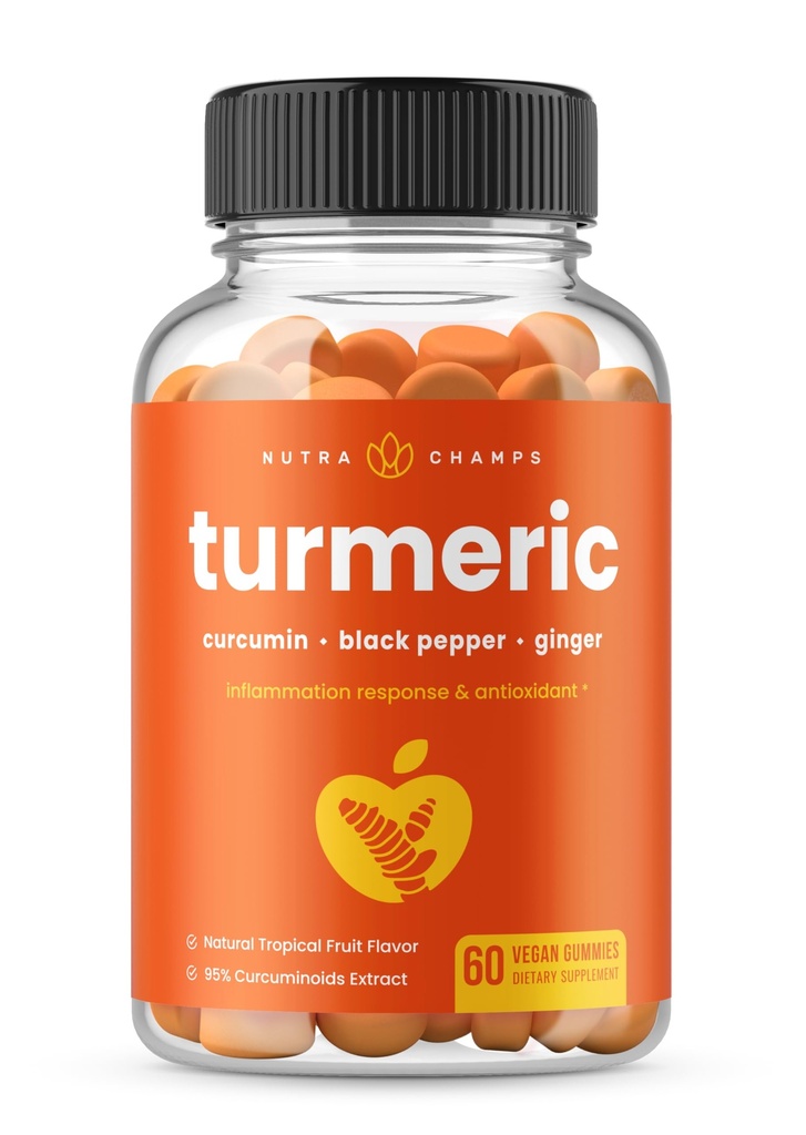 NutraChamps Turmeric Gummies for voksne og barn med Ginger & Black Pepper Extract, 95% Curcuminoids, Vegansk naturlig Curcumin Joint Support Supplement, Tumeric Gummy Supplements