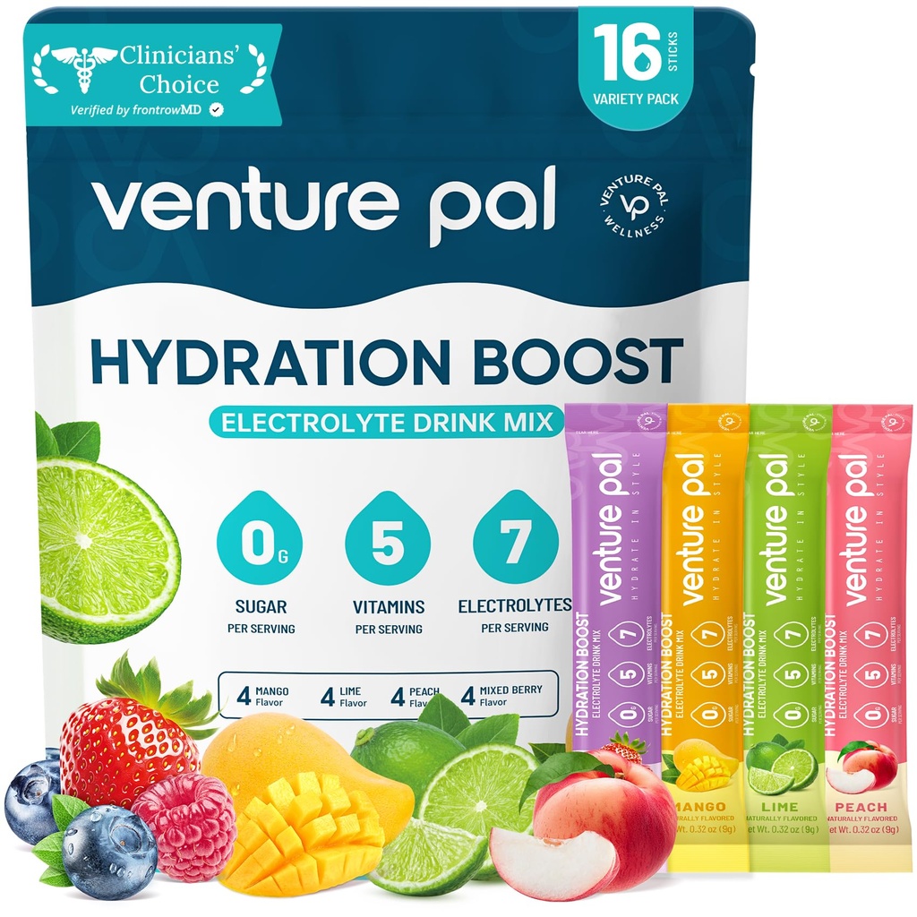 Venture Pal Sukker Gratis Elektrolytte pulver pakker - flytende daglig IV Hydration Packets | Elektrolytter Drikke Blande med 5 Vitaminer og 7 Elektrolytter | Keto Vennlig | Ikke-GMO | Certified Vegan | 16 Sticks