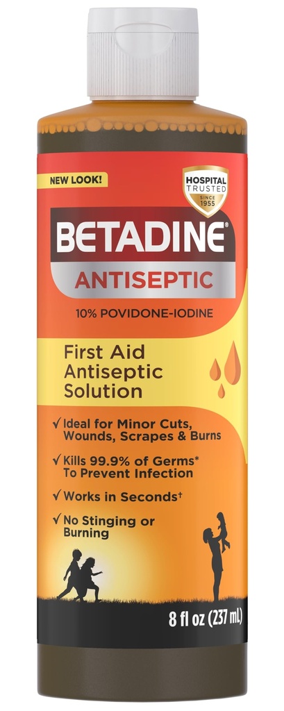Betadin antiseptisk førstehjelpsløsning, Povidon-jodin 10%, infeksjonsbeskyttelse, dreper gims i mindre kutt Scrapes og brenner, Ingen Sting-løft, Ingen alkohol eller hydrogenperoksid, 8 FL OZ