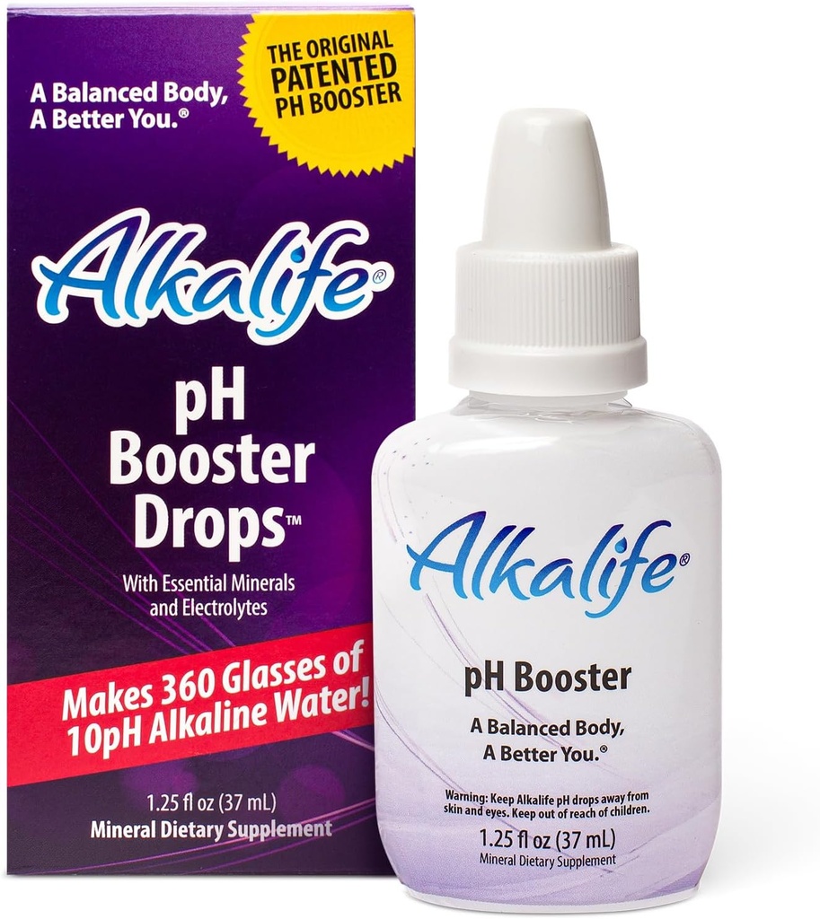 Alkalife pH Booster dropper | Den første patenterte alkaline vannforsterker for å nøytralisere syre og balanse pH for immunstøtte, topp ytelse, Detox, total velvære – 1.25oz