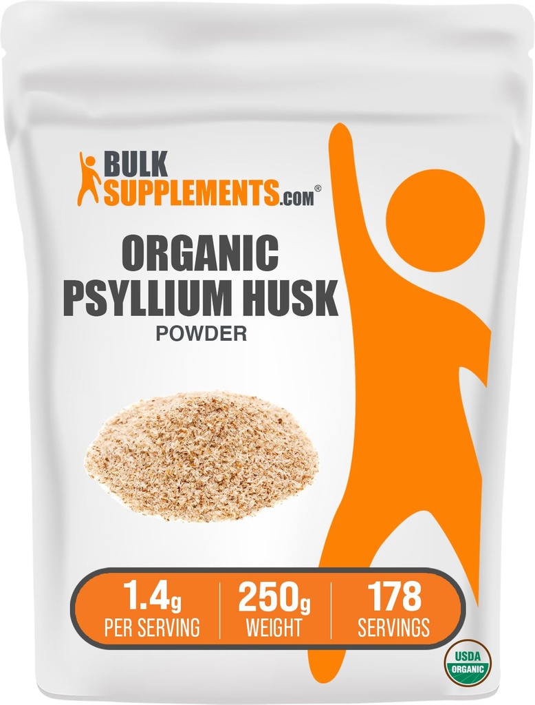BulkSupplements.com Organic Psyllium Husk pulver - Psyllium Husk pulver for baking, Fiber Supplement - Glutenfri, 1,4g per servering, 250g (8,8 oz) (Pack of 1)