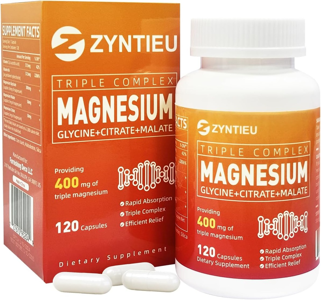 Triple Magnesium Complex | 400 mg magnesiumglycinat, malat og citrate for muskler, nerver og energi |med vitamin C,B6 for høy absorpsjon | for kvinner og menn(120 kapsler)