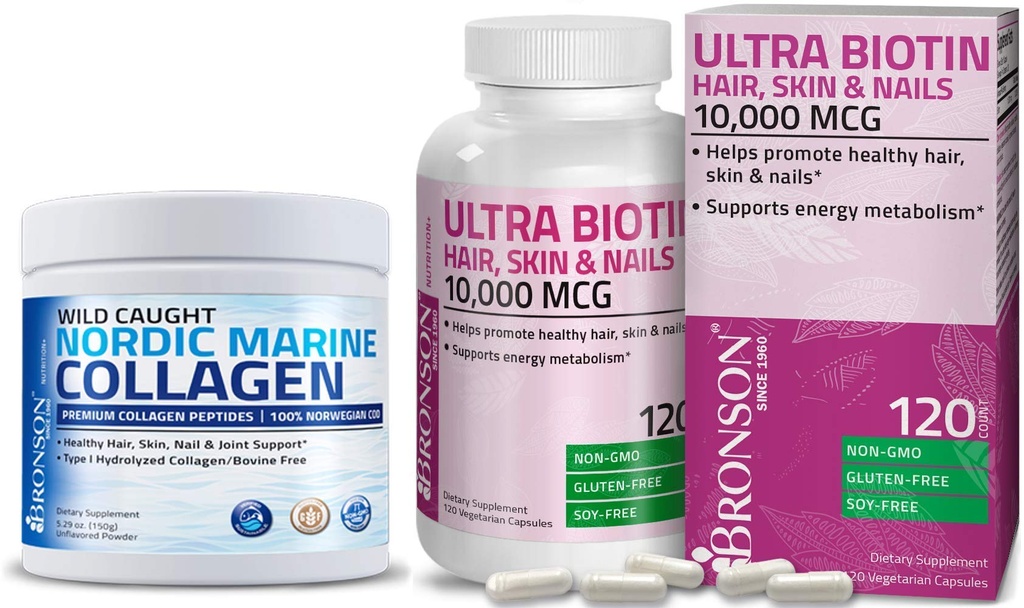 Bronson Marine kollagen Peptider Hydrolysert Protein pulver + Ultra Biotin 10.000 Mcg hår og negler Supplement
