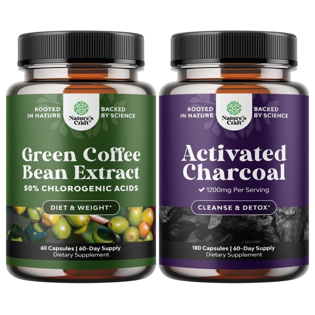 Bundle av ren grønn kaffebønne ekstrakt for antioksidant hjerte helse mental fokus og størrelsesreduksjon og rengjøring og detox Aktivert Charcoal Kapsler for bloating relief og kroppen detox rengjøring
