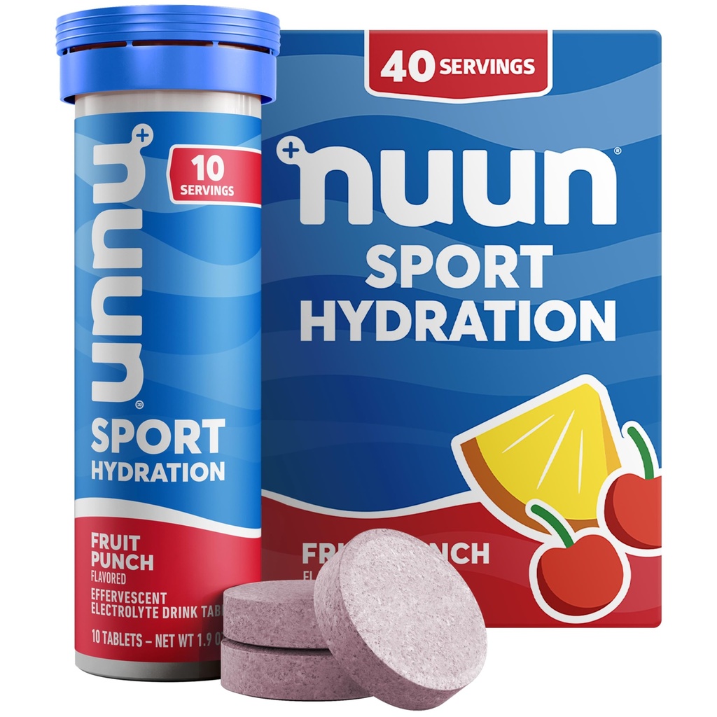 Nuun Sport Electrolyte Tabletter med magnesium, kalsium, kalium, klorid og natrium, Glutenfri & Vegan, Frukt Punch, 4 Pack (40 Serveringer totalt)