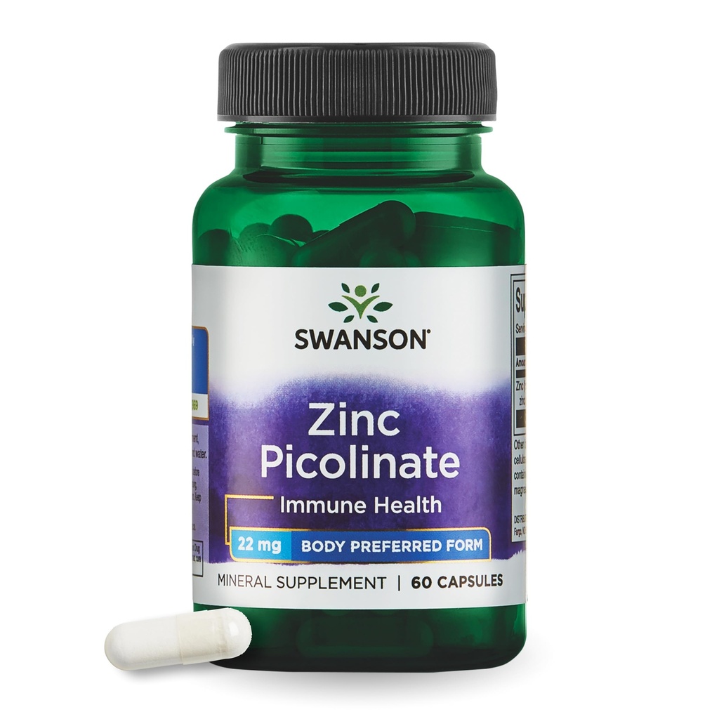 Swanson Zink Picolinat - Mineral Supplement Fremme prostate helse, visjon helse, og immun støtte - Foretrukket form av Chelated Sink - (60 kapsler, 22 mg hver)