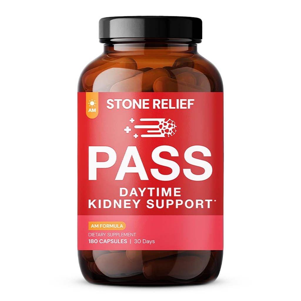 STONE RELIEF Pass AM – dagtid Herbal Nyre Støtte for relief, komfort og økt flyt (180 kapsler + steinfanger + trykt guidebok)
