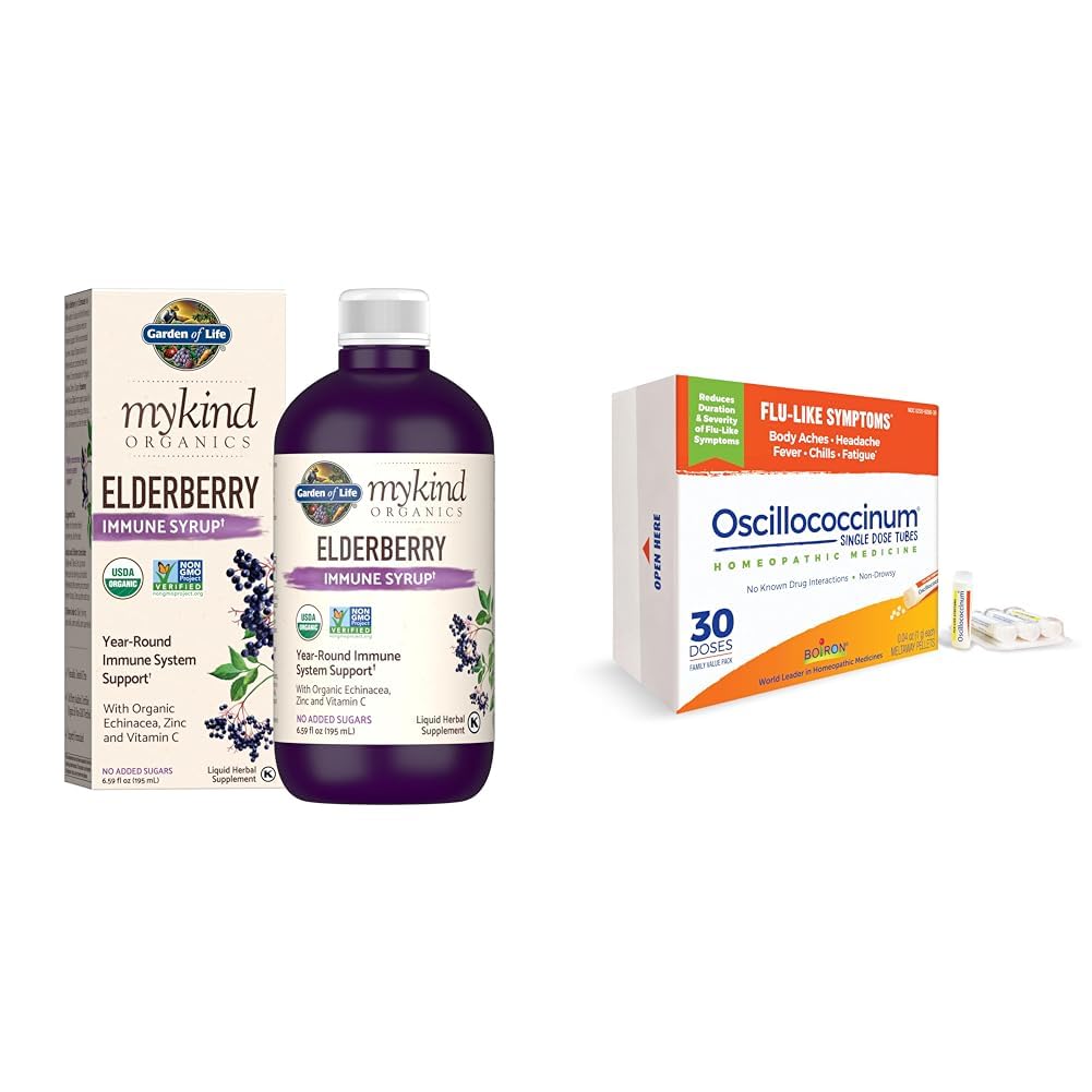 Livshage Organics Plantebasert Elderbær Immun Syrup 6.59 fl oz (195 Ml) & Boiron Oscilloccinum for lindring fra influensalignende symptomer på kroppssmerter