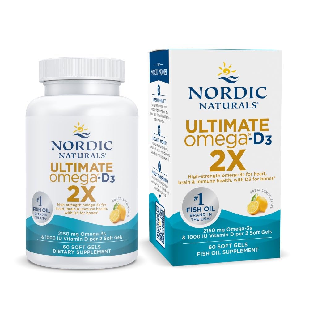Nordic Naturals Ultimate Omega 2X med vitamin D3, sitronflavor - 60 myk geler - 2150 mg Omega-3 + 1000 IU D3 - EPA & DHA - hjerne, hjerte og immun helse - 30 Serveringer