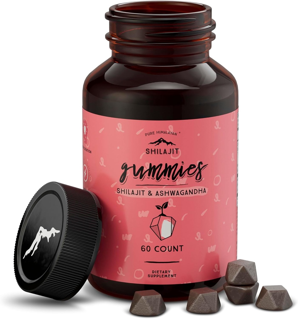 Ren Himalayan Shilajit Gummies, sukkerfri, 85+ Trace Minerals & Fulvic Acid for energi, metabolisme og immunstøtte, Shilajit for menn og kvinner, Ashwaghanda Gummies (60 greve)