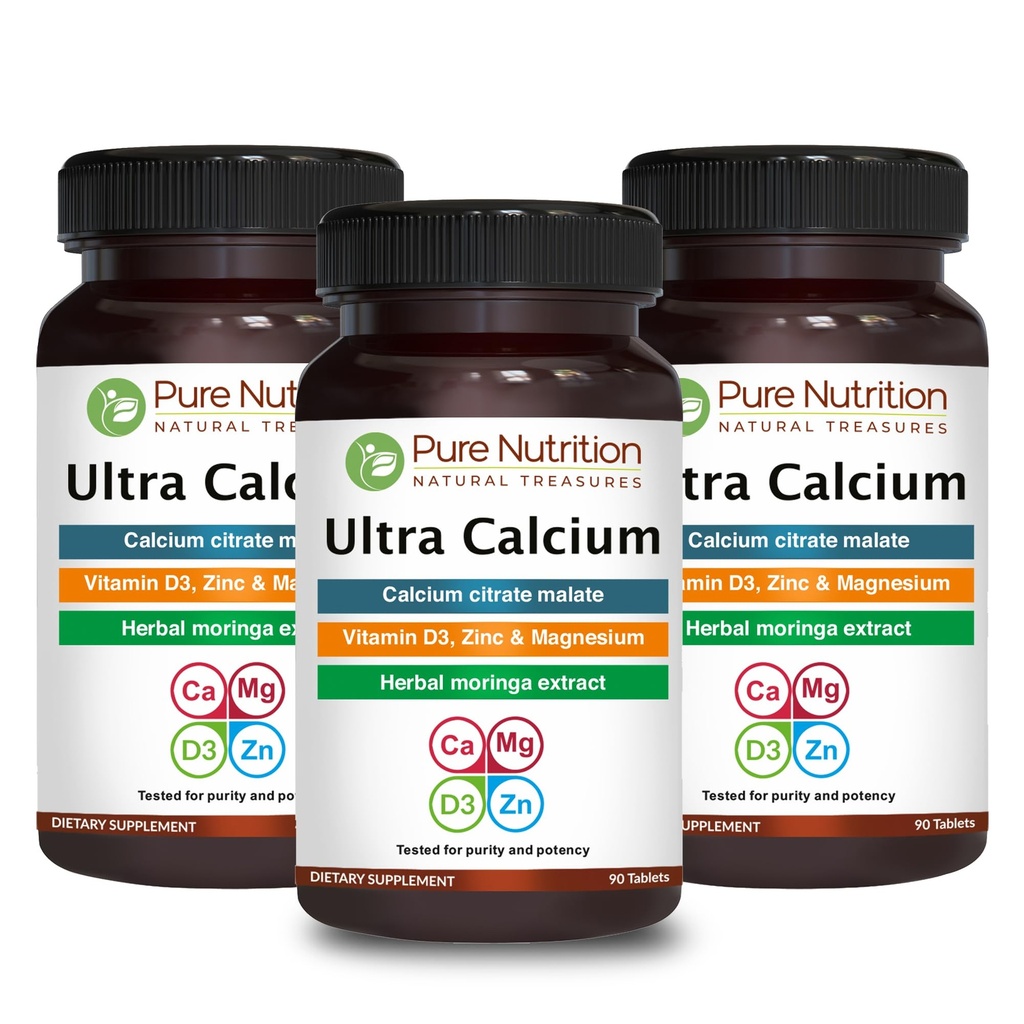 Ren ernæring Ultra Kalsium 1000mg med VIT D3 + K2 | 270 Tabs (90 X Pack of 3) | Høyt absorberende kalsiumtilskudd med kalsiumcitratmalat, VIT D3, K2, Moringa Oleifera, magnesium og sink.