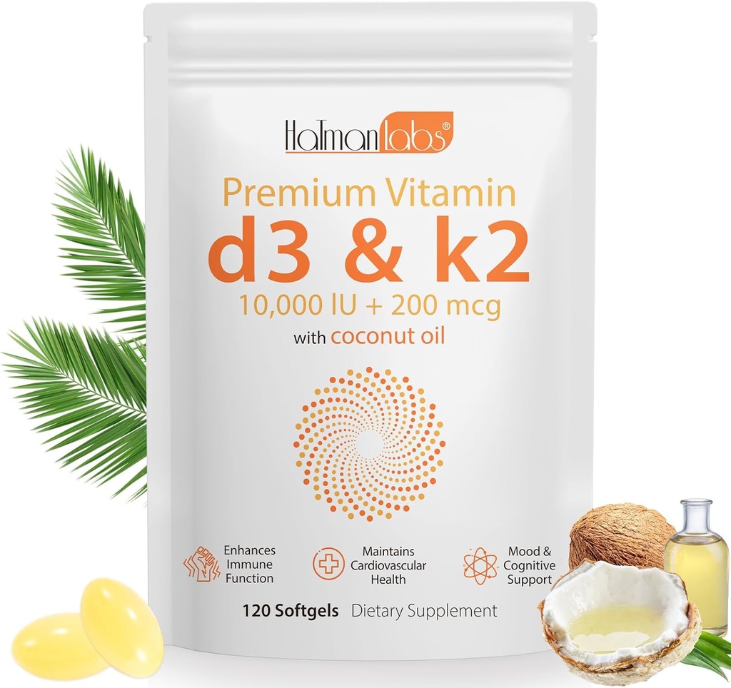 Vitamin D3 K2 Supplement Softgel, 2-i-1 Micro Ingredienser Vitamin D3 10000 IU + 200 MCG Vitamin K2, Coconut olje Softgels, Gratis GMO, Supplement Softgel (120Pcs)